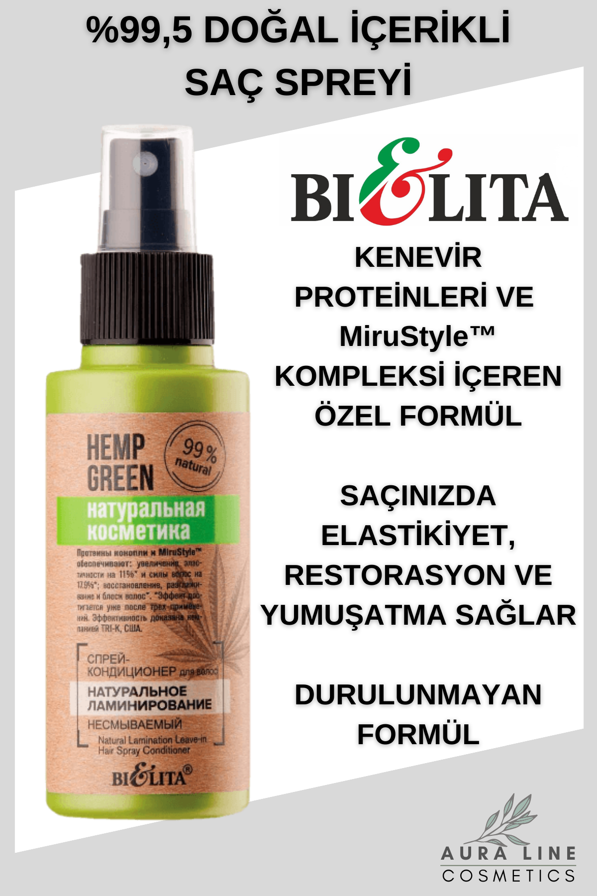 Hemp Green %99,5 Doğal İçerikli Saç Spreyi (95 ml) | Auraline Cosmetics